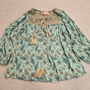Scandal Italy Floral Print Boho Top Blouse Tasseled Front Size M Bohemian